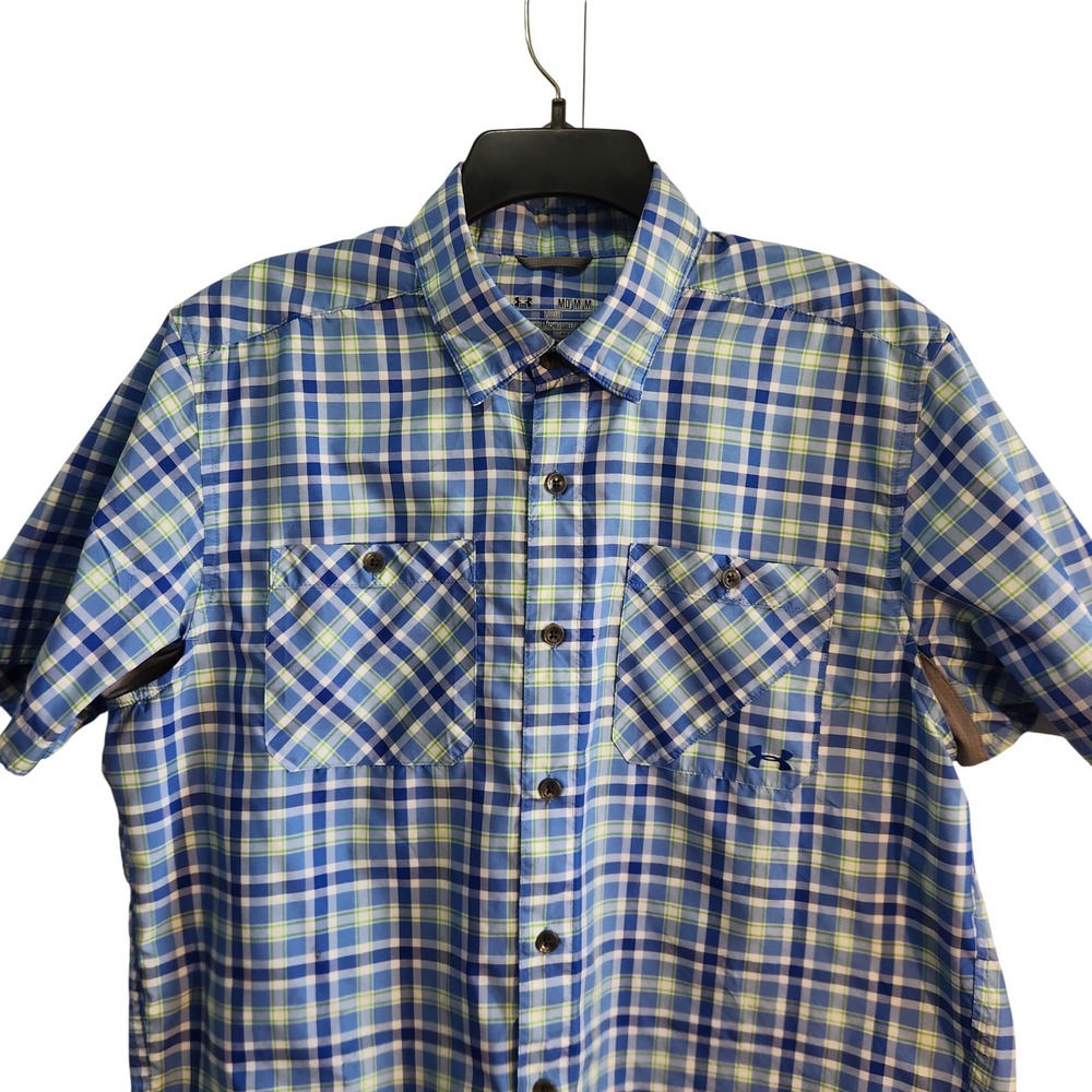 Under Armour HeatGear‎ Mens M Blue Green Plaid Vented Fishing Shirt Short Sleeve